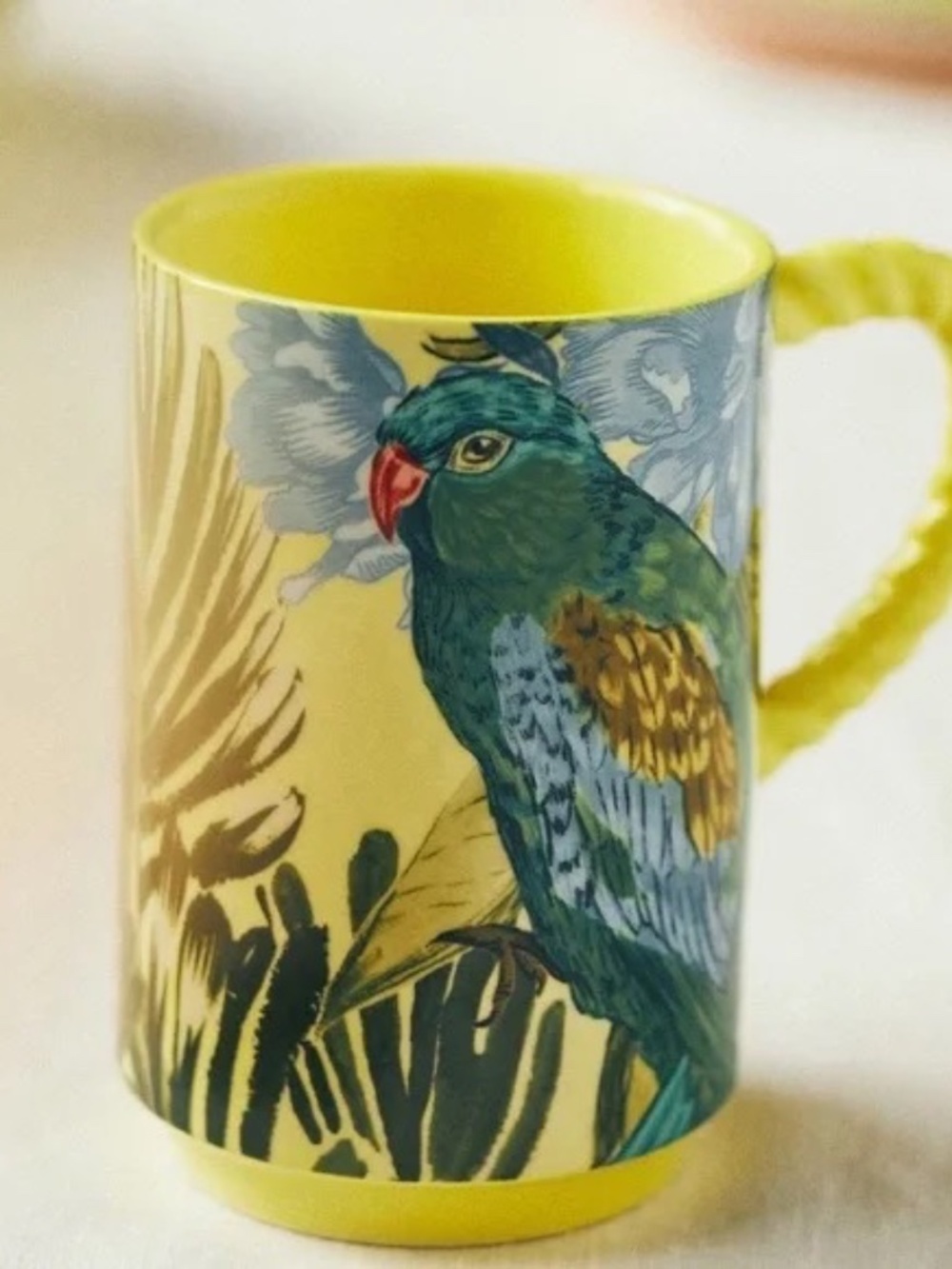 NWT Anthropologie Pluma Mug Yellow Motif Parrot Bird